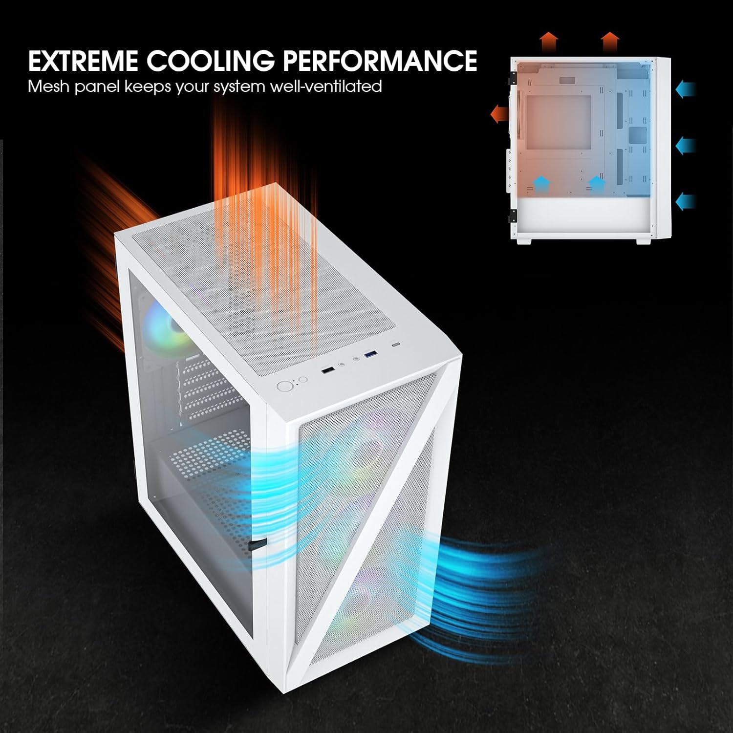 Vetroo M05 Micro ATX Computer PC Case with Door Open Tempered Glass Side Panel & Mesh Front Panel, Pre-Installed 120mm ARGB Fan in Rear, Support 240mm Radiator, Type-C Port - White - Image 7