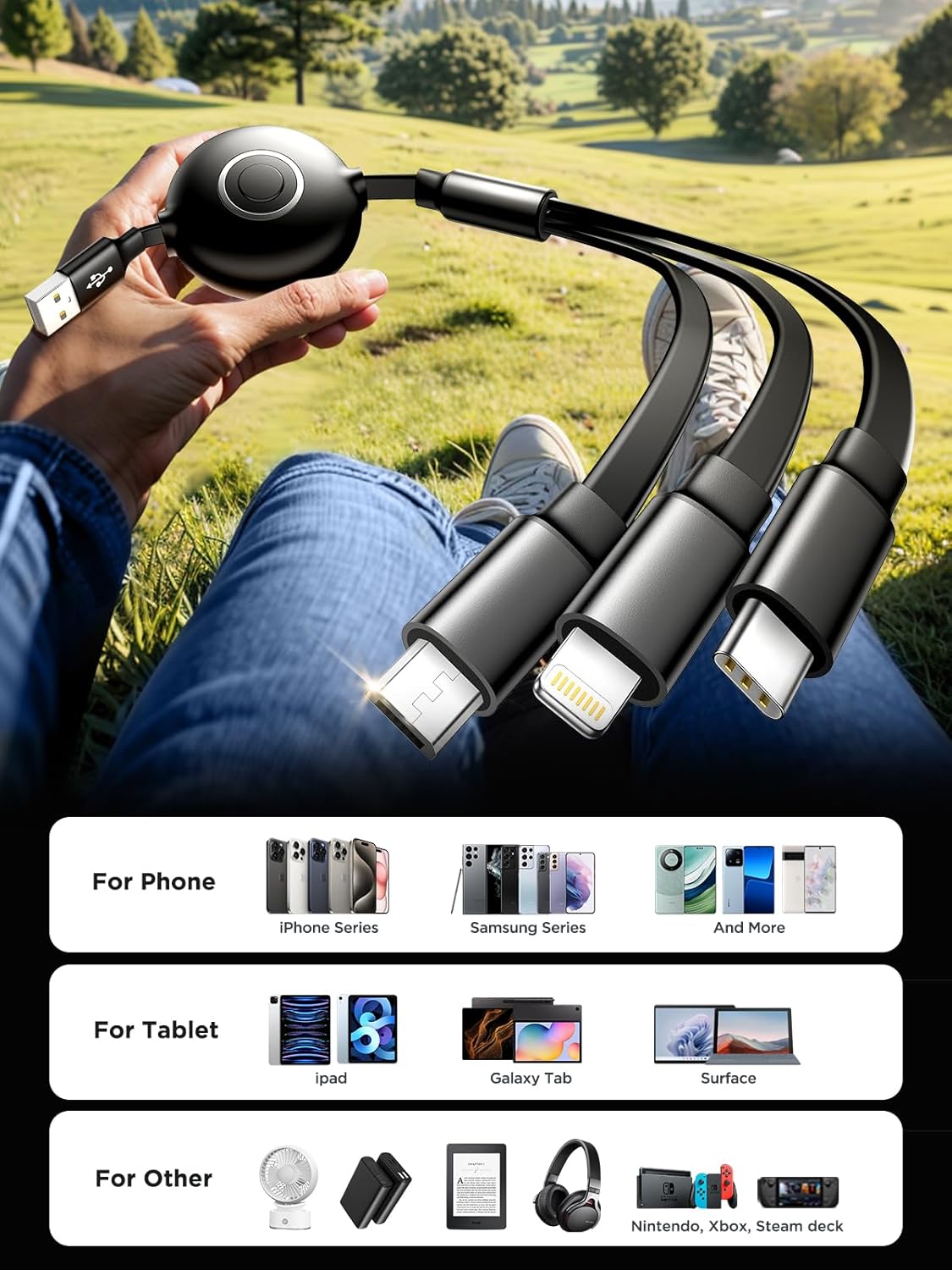 Aioneus Multi Charging Cable 3A Retractable Multi Charging Cord 3 in 1 Fast Charger Multiple Charger USB Cable with Lightning/Type C/Micro USB for Cell Phones/IP/Galaxy/PS/Tablets/iPads - Image 4