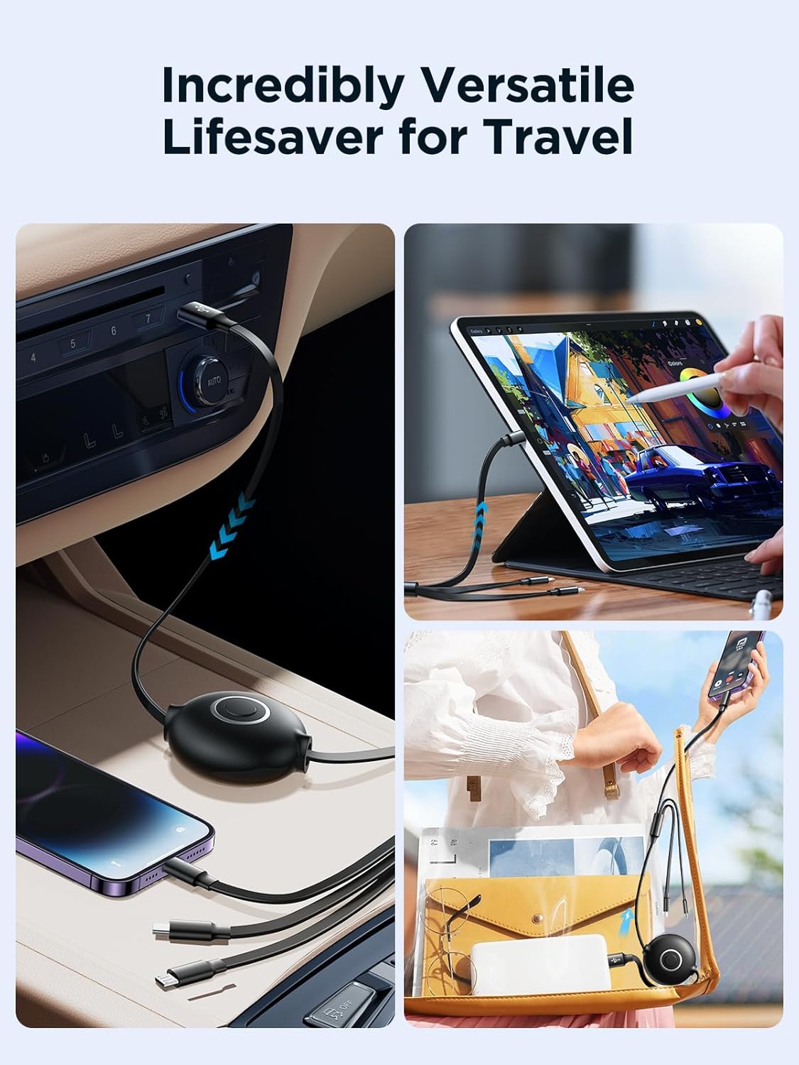 Aioneus Multi Charging Cable 3A Retractable Multi Charging Cord 3 in 1 Fast Charger Multiple Charger USB Cable with Lightning/Type C/Micro USB for Cell Phones/IP/Galaxy/PS/Tablets/iPads - Image 6