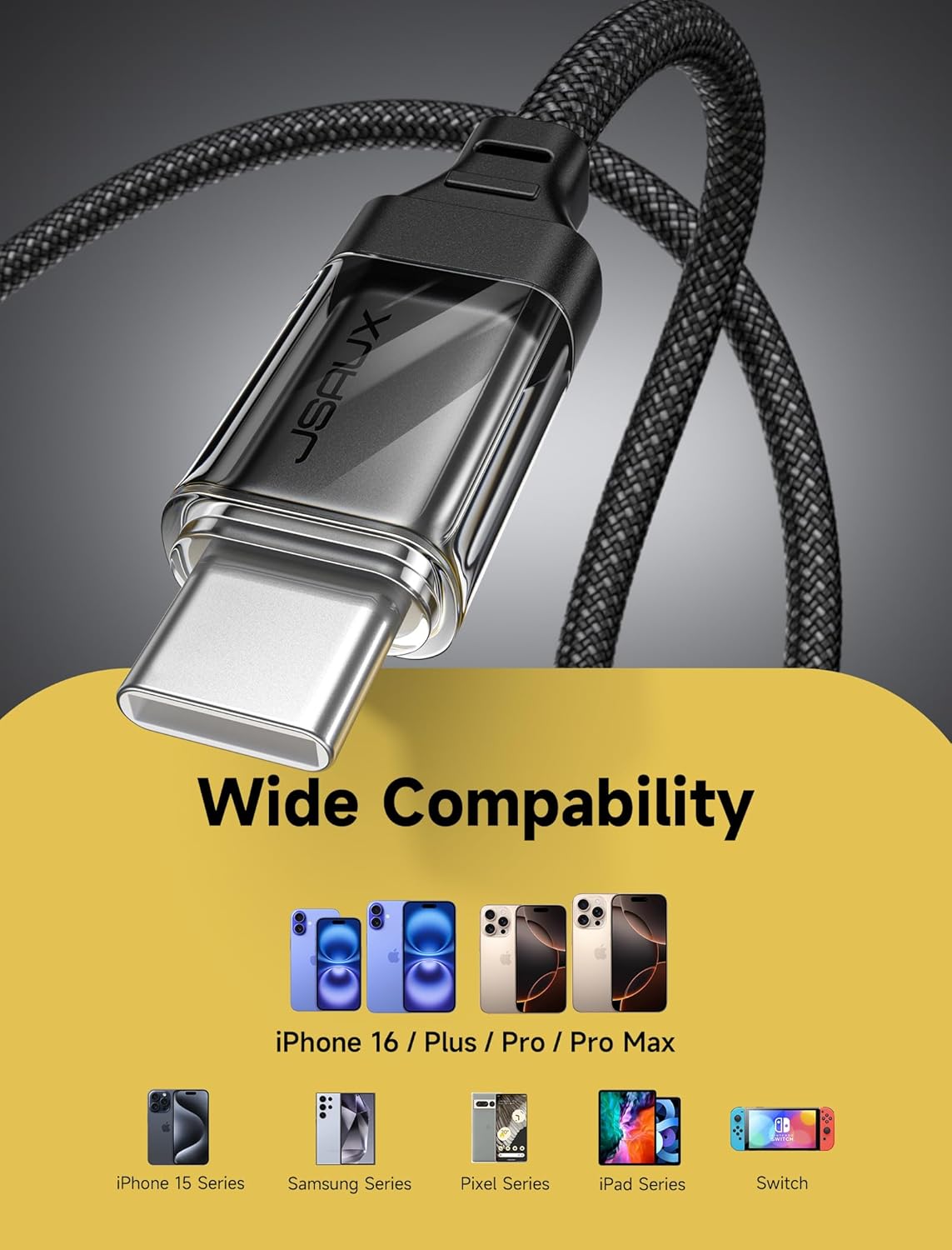 JSAUX USB A to USB C Cable 6.6FT (2-Pack), USB Type C Cable iPhone 16 Charger Cord 3.1A Fast Charging Braided Compatible with iPhone 16/16 Pro/16 Pro Max/15, Samsung Galxy S24 S20 S10, Pixel, CarPlay - Image 4