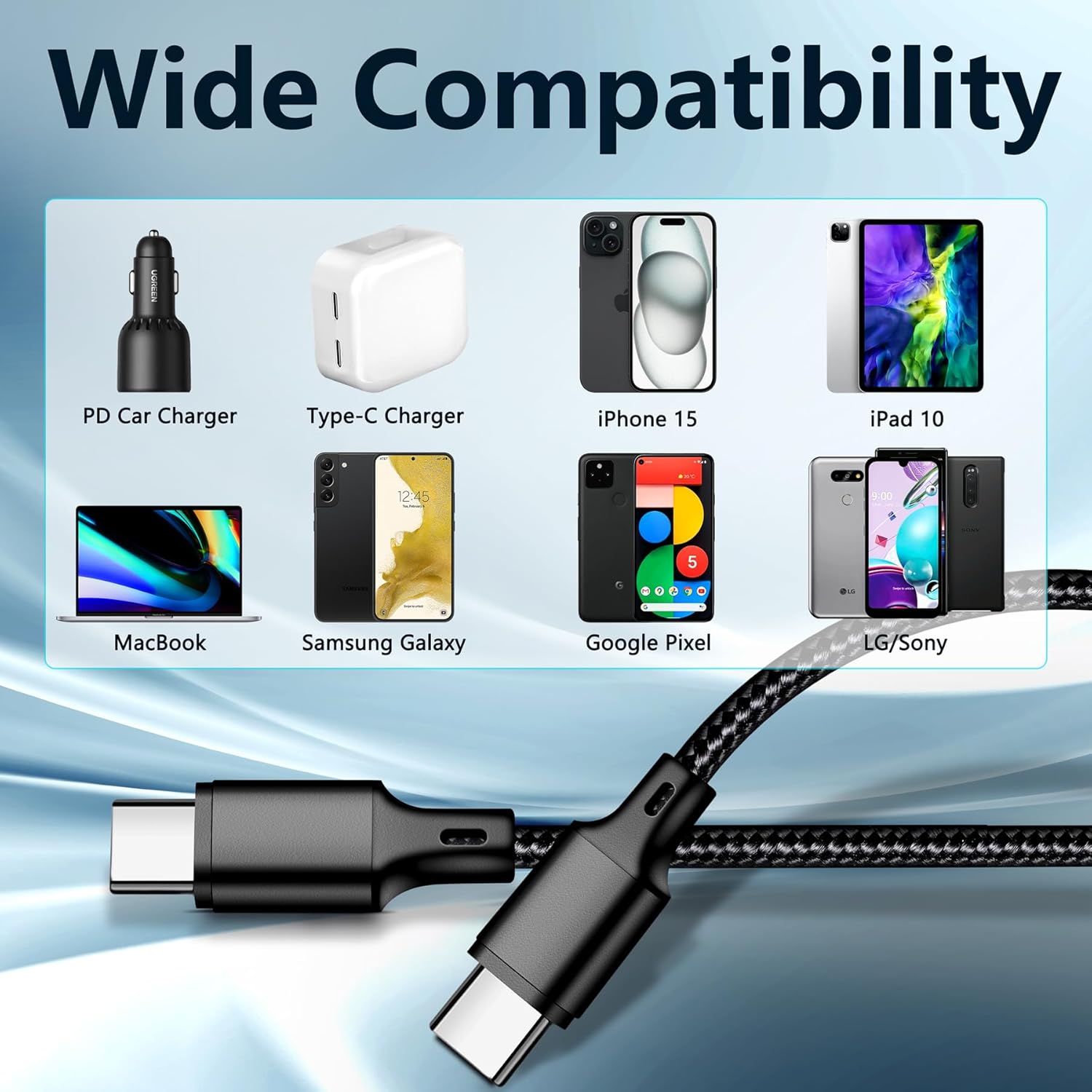 USB C to USB C Charging Cable, Nylon Braided 3Pack 60W 6.6FT Type C Fast Charging Cord Compatible for iPhone 15 16/Pro/Pro Max/Plus, iPad Pro, Air5, MacBook, Samsung, Google - Black - Image 7