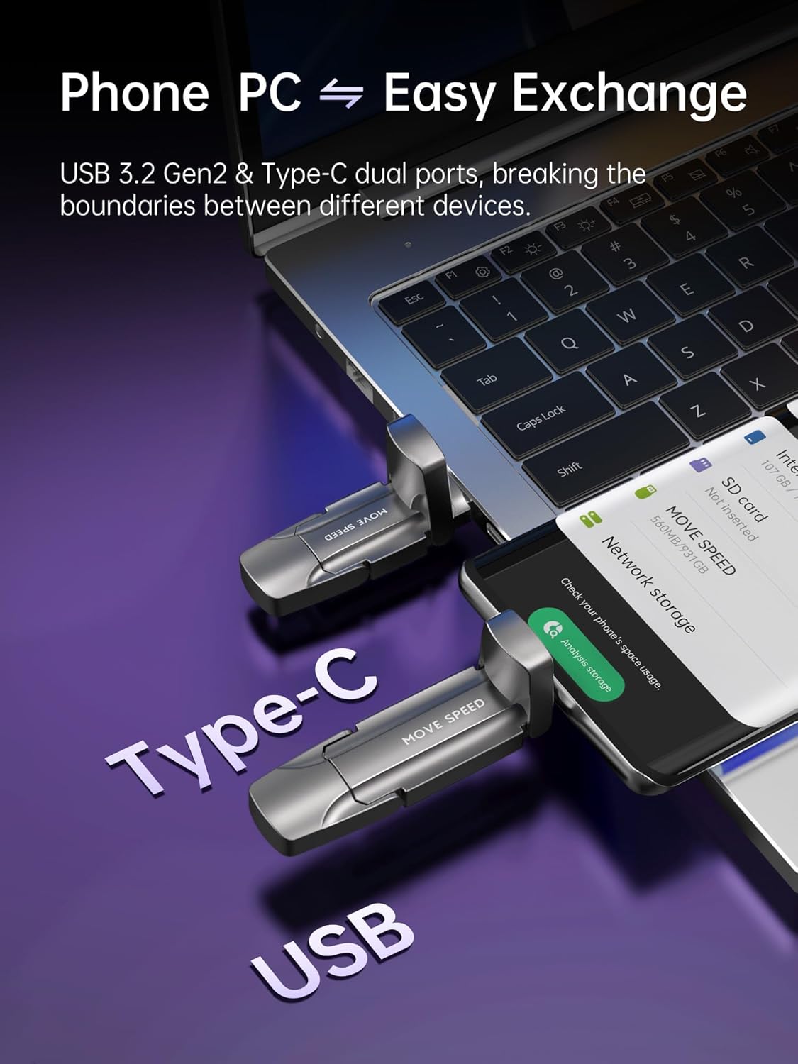MOVE SPEED 2TB Flash Drive, External SSD with 1000MB/s Read Write Speed, USB 3.2 Gen2+Type C Dual Port Portable SSD, Thumb Drive for iPhone 15, 16 Series/MacBook/Android Phone/Audio etc - Image 3