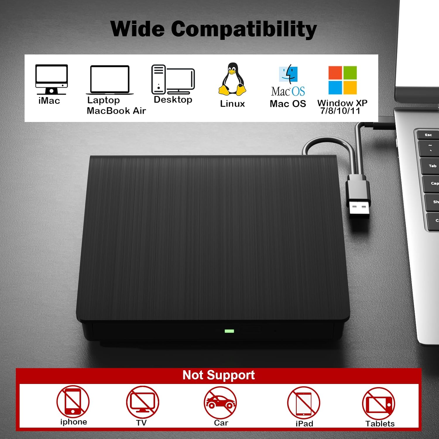 wintale External Bluray DVD Drive,Portable 3D Bluray External DVD Drive with USB 3.0 and Type-C Dual Port, External Blu Ray Player Suitable for Windows XP/7/8/10/11 MacOS for PC Mac - Image 4