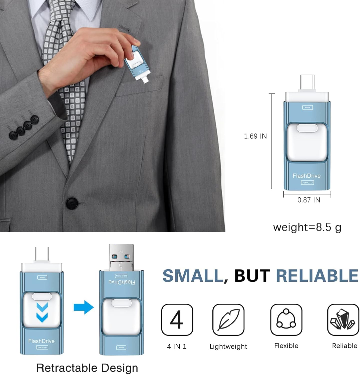 Thumb Drive for iPhone 512GB, 4 in 1 USB Type C Memory Stick, Photo Stick External Storage Flash Drive for iPhone iPad Android Computer, Sky Blue - Image 8