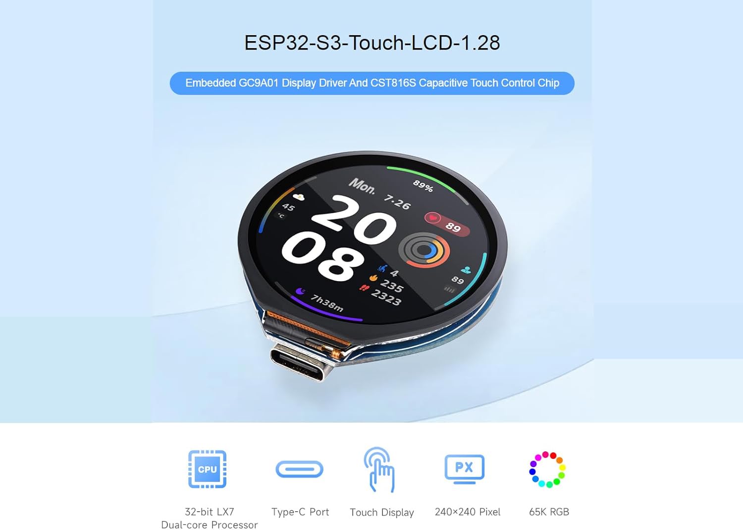 ESP32-S3 MCU Board with Onboard 1.28inch Touch Display and 6-Axis Sensor etc. 32-bit LX7 Dual-core Processor, Supports 2.4GHz Wi-Fi (802.11 b/g/n) and Bluetooth 5, Type-C Connector - Image 3