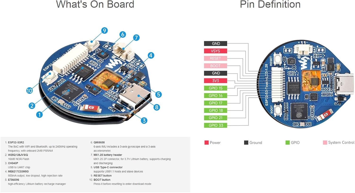 ESP32-S3 MCU Board with Onboard 1.28inch Touch Display and 6-Axis Sensor etc. 32-bit LX7 Dual-core Processor, Supports 2.4GHz Wi-Fi (802.11 b/g/n) and Bluetooth 5, Type-C Connector - Image 5