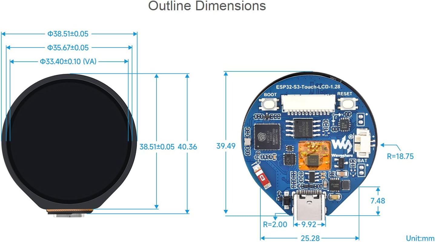 ESP32-S3 MCU Board with Onboard 1.28inch Touch Display and 6-Axis Sensor etc. 32-bit LX7 Dual-core Processor, Supports 2.4GHz Wi-Fi (802.11 b/g/n) and Bluetooth 5, Type-C Connector - Image 6