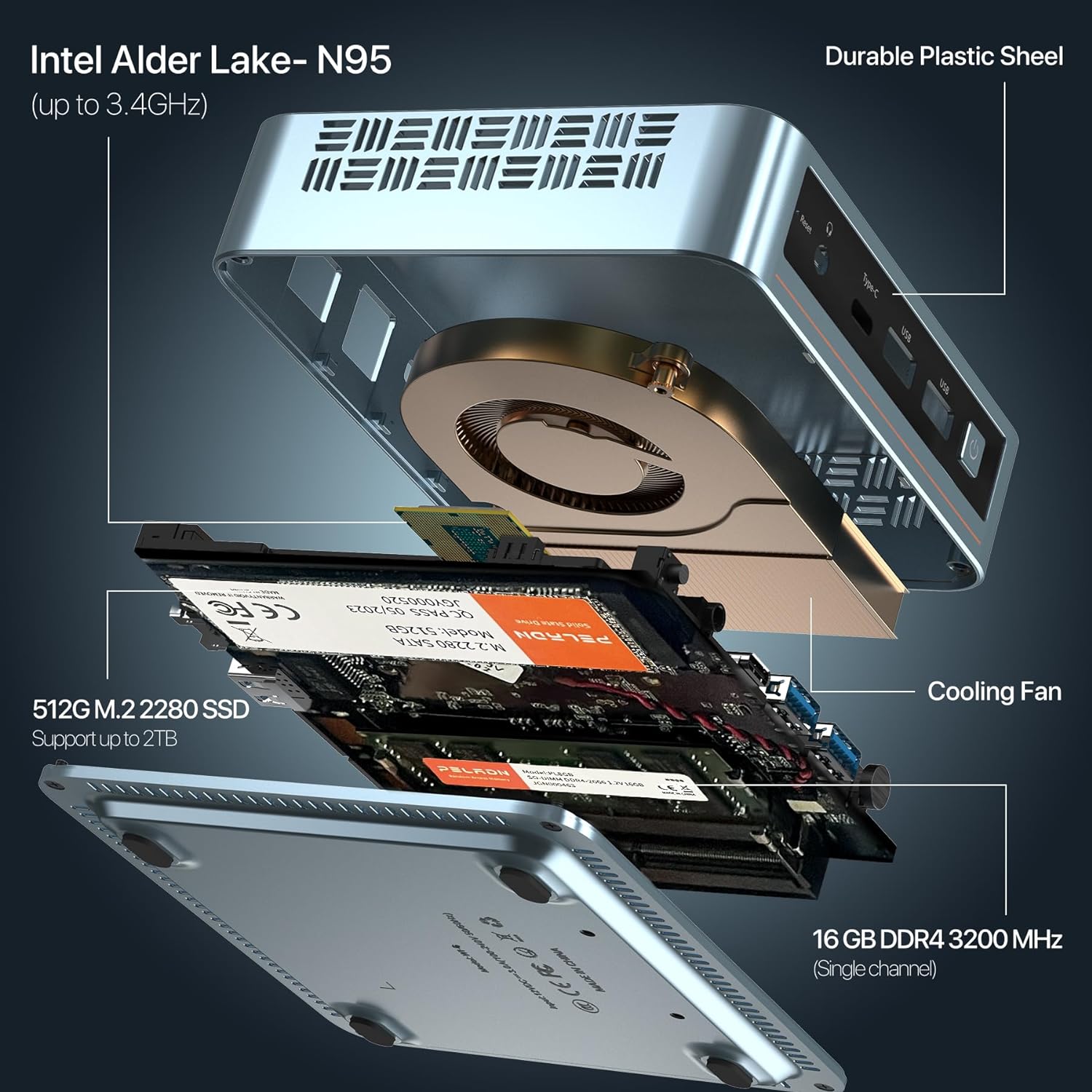 PELADN N95 Mini PC, Intel 12th Gen Alder Lake- N95(up to 3.4GHz), 16GB DDR4 3200Mhz RAM 512GB M.2 PCIe SSD, Desktop Computer Support 4K Dual Display/USB3.2/WiFi 5/BT4.2 - Image 4