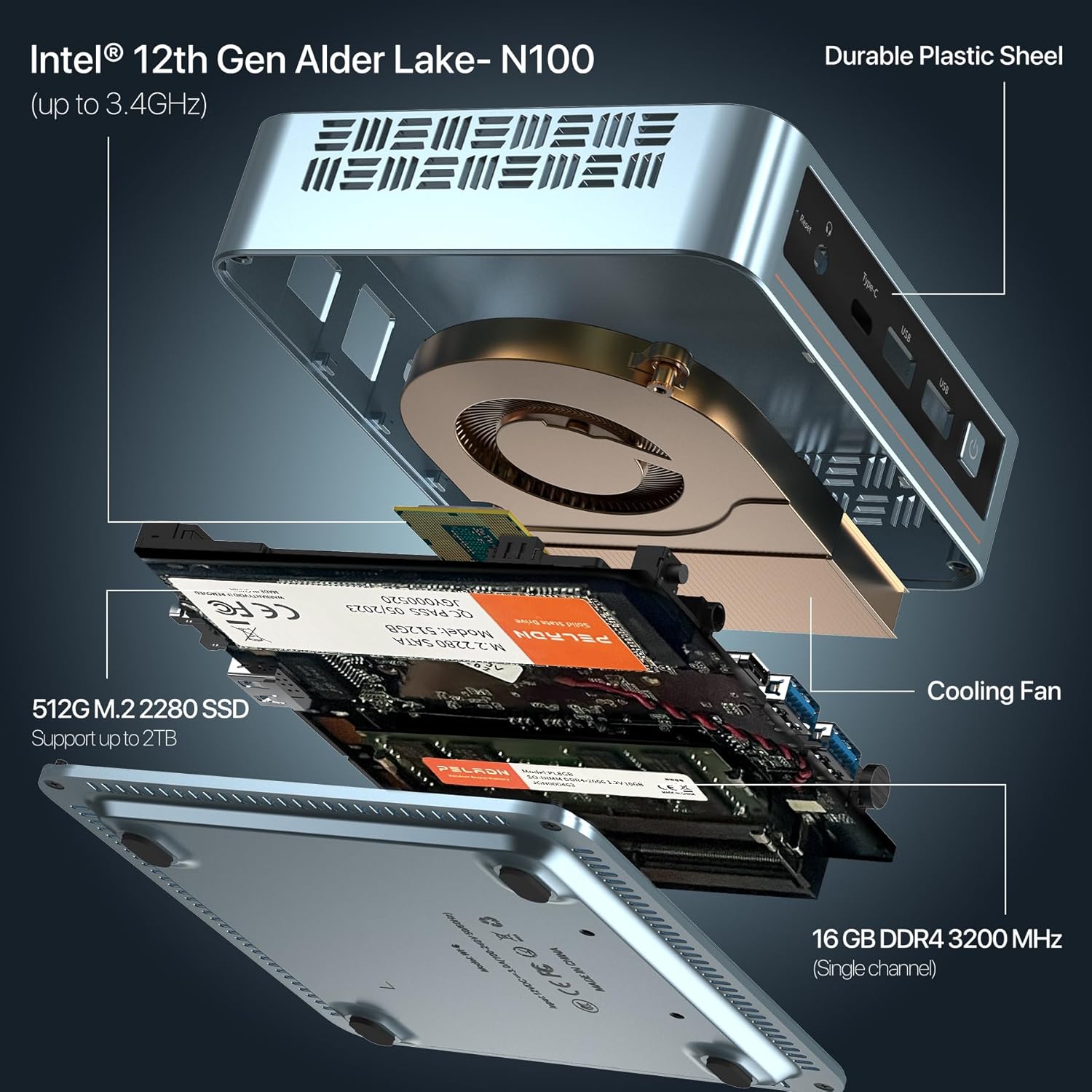 PELADN WI-6 Mini PC, Intel 12th Gen Alder Lake- N100(up to 3.4GHz), 16GB DDR4 RAM 512GB M.2 PCIe SSD, Desktop Computer Support 4K Dual Display/USB3.2/WiFi 5/BT4.2 - Image 3