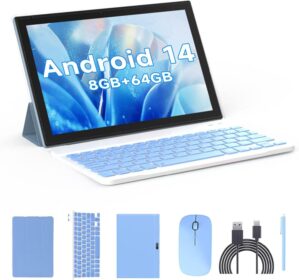 Tablet 2 in 1 Tablets 10 inch Android 14 Tablet Set with Keyboard Case Mouse Stylus Film, 8GB+64GB Tablets 10.1" Tab 1280*800 HD Touch Screen, 8MP Dual Camera Games Wi-Fi Bluetooth Tableta PC Blue.