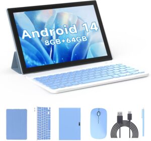 Tablet 2 in 1 Tablets 10 inch Android 14 Tablet Set with Keyboard Case Mouse Stylus Film, 8GB+64GB Tablets 10.1″ Tab 1280*800 HD Touch Screen, 8MP Dual Camera Games Wi-Fi Bluetooth Tableta PC Blue.