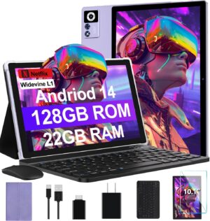 2025 Android 14 Tablet 22GB RAM 128GB ROM 1TB Expand, 10.1 inch 8000mAh Octa-Core Tablet with Keyboard & Mouse, HD IPS Display, 5G Wi-Fi, Bluetooth 5.0, GPS, Widevine L1, Split Screen -Metal Purple