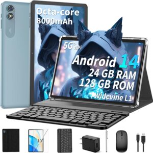 2025 Tablet, 10 inch Android 14 Tablet with Keyboard, 24GB RAM+128GB ROM(1TB Expand), Octa Core, 5G/2.4G WiFi, 8000mAh, BT V5.0, 2 in 1 Tablet with Case, Mouse, Stylus, Split-Screen(Black)