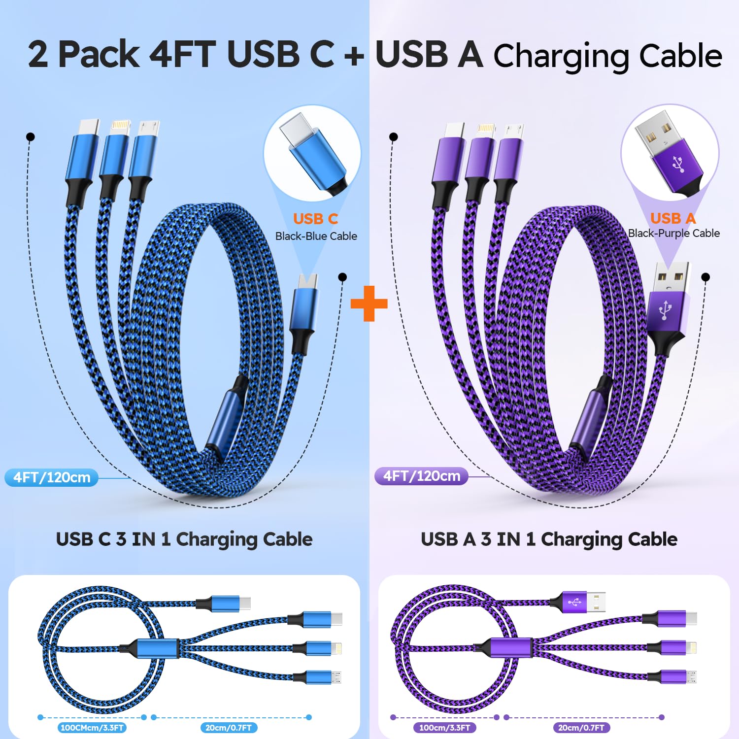 2Pack 4FT USB Multi Charging Cable, 3 in 1 Universal Charging Cable for Multiple Devices, Nylon Braided Phone Charger Cord with Type C, Micro USB, Lightning Port - Image 2