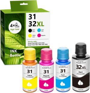 32XL/31 Black Cyan Yellow Magenta High Yield Ink Refills 4/Pack - 1VV24AN 1VU26AN 1VU27AN 1VU28AN Replacement for HP 31 32XL for Smart Tank 5101 5102 6001 7001 7002 7301 7602 Plus 651 551 Ink Tank