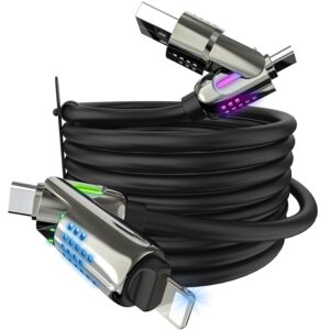 4 in 1 Charging Cable (6.6FT), MAX 240W Lightning Cable Chubby Cable Multi USB C Charging Cable with Light, USB C to Lightning Cable for Multiple Devices, iPhone 16 15 14 Pro Max/MacBook/iPad, Black