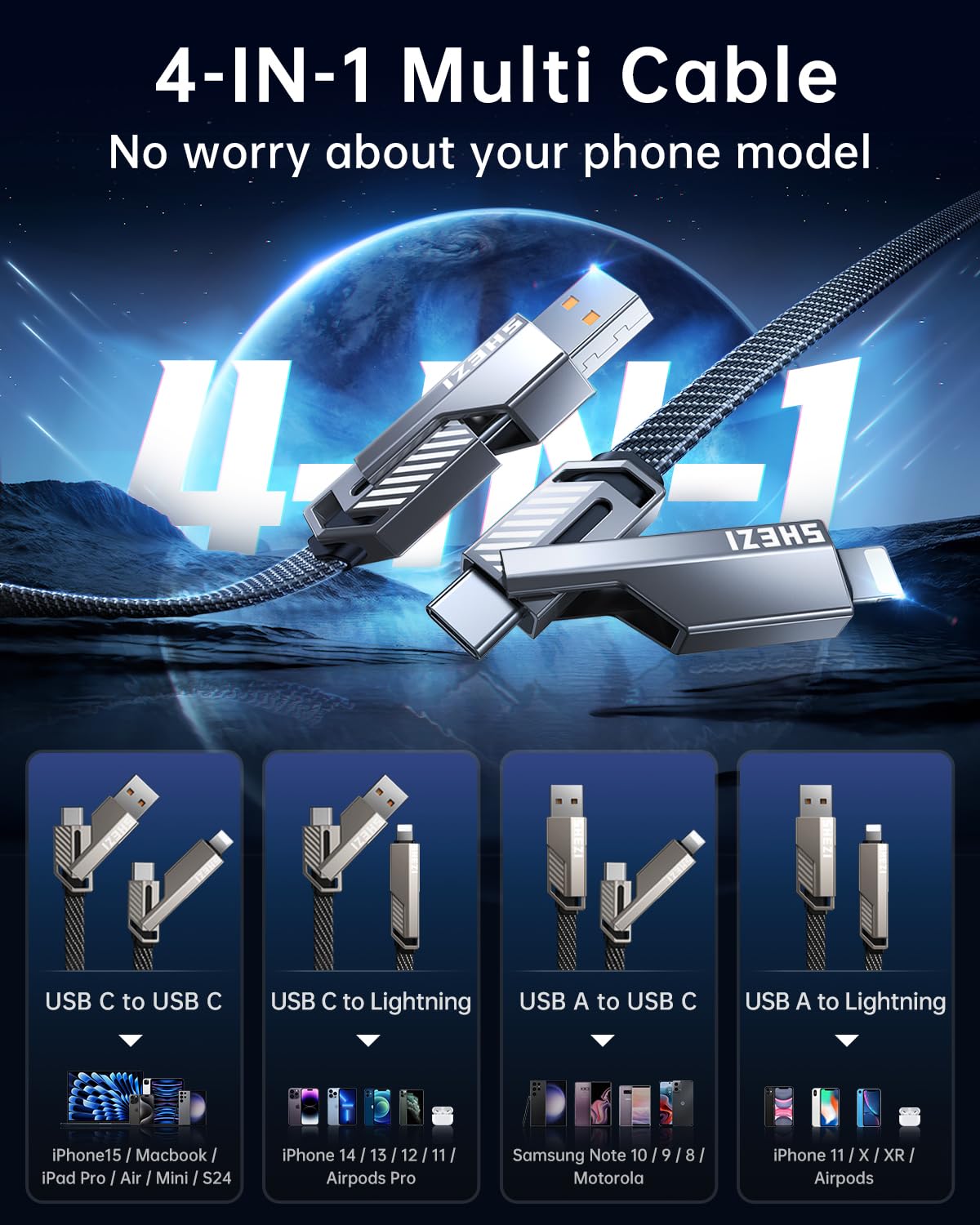 4-in-1 USB C Cable Lightning Cable 60W 5FT Fast Charging Flat Nylon Braided for iPhone iPad Charger Cord [480Mbps Data Sync] Multi Charge Cable with Lightning/Type C/USB A Port [SHEZI Series] - Image 2