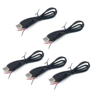 5Pcs 3.2Ft 22AWG USB 2.0 Male 2Pin Pigtail Cable, 3A 5V USB Type A 2 Core Bare Wire Open End Extension Cable for DIY Repair Cable