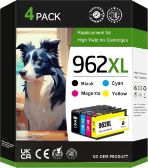 962XL Ink Cartridges Compatible for HP 962xl Ink Cartridges Combo Pack Compatible with Officejet Pro 9015 9010 9018 9020 9012 9025 Printer (Black Cyan Magenta Yellow)