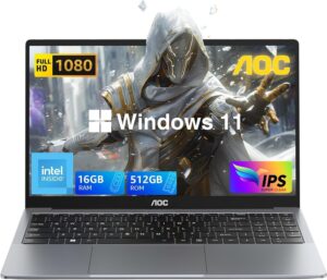 AOC Laptop Computer 16GB RAM 512GB SSD Gaming Laptops 15.6 Inch FHD Screen Premium Laptop (Up to 3.6GHz) Windows 11 Laptop Computer, Light&Thin, Metal Shell, Webcam, Type-C, USB3.2