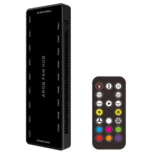 ARGB PWM Fan Hub, Addressable 5V-3PIN ARGB 12V 4PIN PWM 2-in-1 RGB Case Fan Hub with Controller and SATA Power Input, 9 Fan Port and 9 LED Port, PC Fan hub Support 9 Computer ARGB PWM Fans Splitter