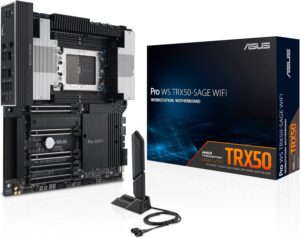ASUS Pro WS TRX50-SAGE WIFI CEB Workstation motherboard, AMD Ryzen Threadripper PRO 7000 WX,ECC R-DIMM DDR5, 36 power-stage, WiFi 7,PCIe 5.0 x 16,PCIe 5.0 M.2, 10 Gb and 2.5 Gb LAN, multi-GPU support.