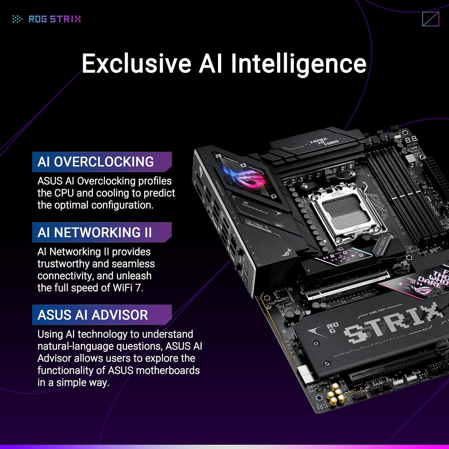 ASUS ROG Strix B850-E Gaming WiFi AMD AM5 B850 ATX Motherboard 16+2+2 Stages, Dynamic OC, Core Flex, DDR5 w/AEMP, WiFi 7, 5X M.2, 5G LAN, PCIe® 5.0, USB4®, USB 20Gbps Type-C®, AI OC, AI Networking - Image 2