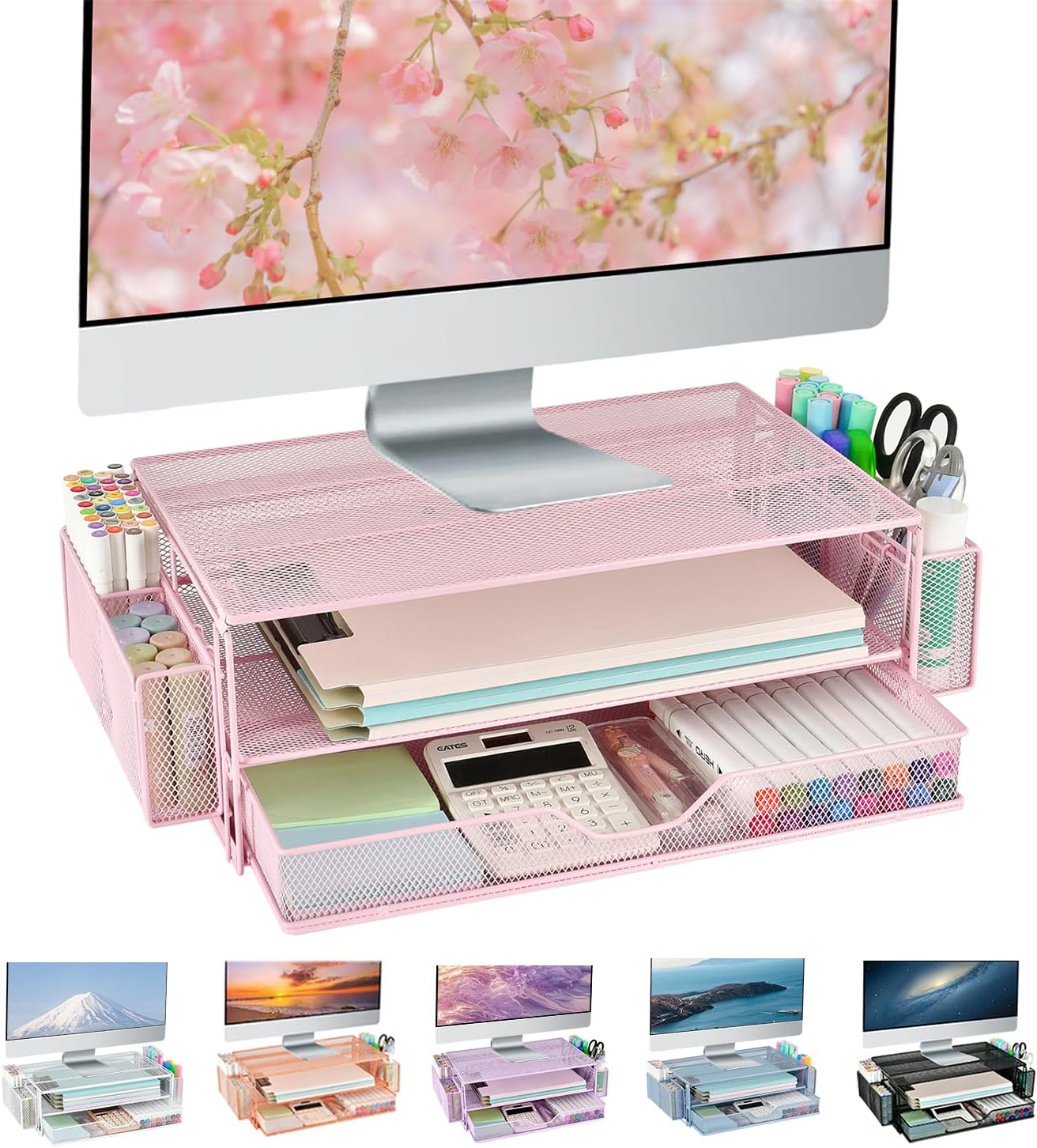 AUPSEN Computer Monitor Stands with Drawers and 2 Pen Holder, Desk Accessories & Workspace Desk Organizers, Monitor Stand for Computer, Laptop, Printer, Office Supplies(Pink)