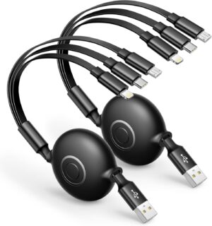 Aioneus Multi Charging Cable 3A Retractable Multi Charging Cord 3 in 1 Fast Charger Multiple Charger USB Cable with Lightning/Type C/Micro USB for Cell Phones/IP/Galaxy/PS/Tablets/iPads