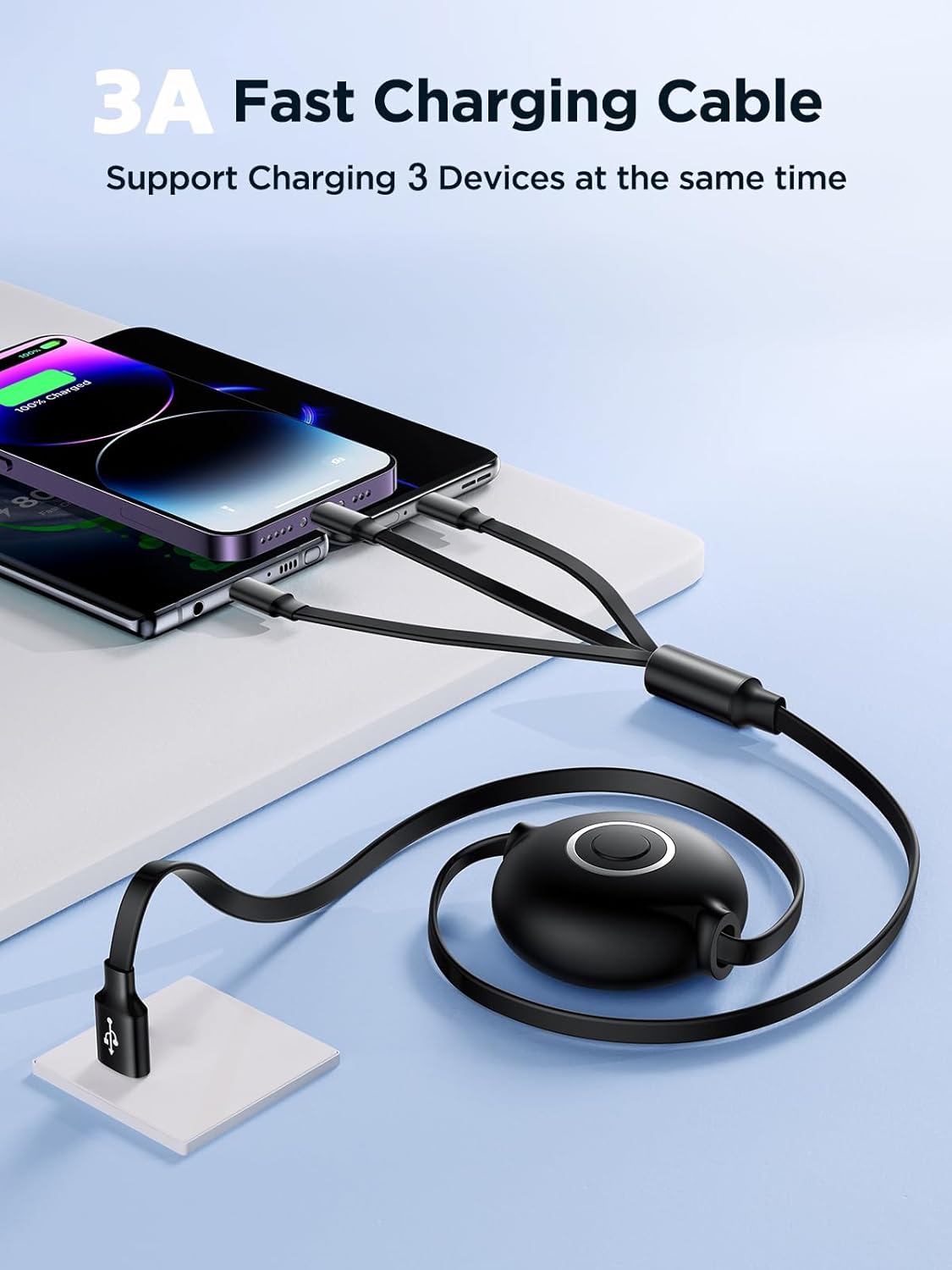 Aioneus Multi Charging Cable 3A Retractable Multi Charging Cord 3 in 1 Fast Charger Multiple Charger USB Cable with Lightning/Type C/Micro USB for Cell Phones/IP/Galaxy/PS/Tablets/iPads - Image 2
