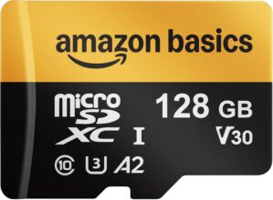 Amazon Basics 128GB Micro SD Card with Reader Adapter, Fast Speed Up to 200MB/s, Black, 1-Pack