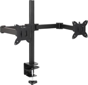 Amazon Basics Adjustable Dual Computer Monitor Arm Mount, Holds up to 32″ Monitors, Black