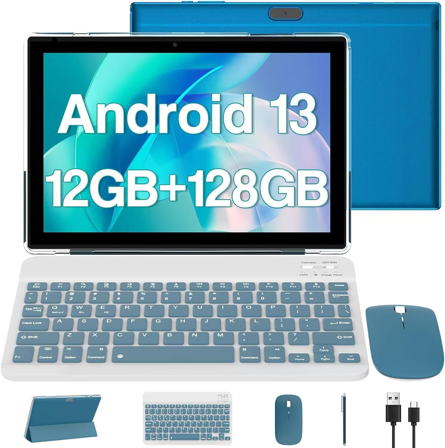Android 13 Tablet 10 Inch, 12GB RAM+128GB ROM/1TB Expandable Tablet, 2 in 1 Tablets with Keyboard Case Mouse Stylus, 2.0GHz Quad-core CPU, 1280*800 IPS HD Screen, 5G WiFi6 BT 5.0, 8MP Camera Tablet PC