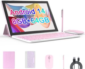 Android 14 Tablet, 10 Inch 8GB RAM+64GB ROM+1TB Expand, 1.8Ghz Quad-core Processor, 2 in 1 Tablets with Keyboard/Mouse/Case/Stylus, 8MP Camera, 6000mAh Battery, 1280 * 800 HD Screen, 5G WiFi 6 Tablet
