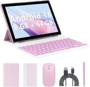 Android 14 Tablet 10 Inch, 2 in 1 Tablets with Keyboard/ Mouse/ Case/ Stylus, 8GB RAM+64GB ROM/1TB Expand Tablet, 1.8Ghz Quad-core Processor, 1280*800 HD Touch Screen, 8MP Camera, 5G WIFI 6 Tablet