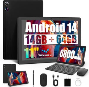 Android Tablet, 14GB RAM+64GB ROM (TF 1TB), 11 inch Android 14 Octa-Core, 6800mAh, Widevine L1, WiFi 6, 8 in 1 Tablet with Keyboard, Mouse, Protective Case, Stylus, Headset, Charger- Black