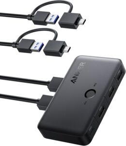 Anker USB 3.0 Switch, Easy One-Click Switch for 2 Laptops, USB-A Cable with 2-in-1 Connectors, Share 3 USB 3.0 Ports, 5Gbps High-Speed Data Transfer for Laptop or Desktop, Keyboard, Mouse, and More