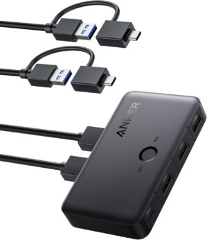 Anker USB 3.0 Switch, Easy One-Click Switch for 2 Laptops, USB-A Cable with 2-in-1 Connectors, Share 3 USB 3.0 Ports, 5Gbps High-Speed Data Transfer for Laptop or Desktop, Keyboard, Mouse, and More
