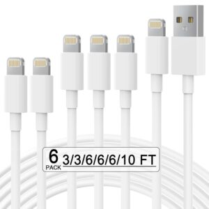Apple MFi Certified 6Pack(3/3/6/6/6/10 FT) iPhone Charger Fast Charging Lightning Cable iPhone Charger Cord Compatible for iPhone 14/13 /12/11 Pro MAX/XR/XS/8/7/Plus/6S/SE/iPad More