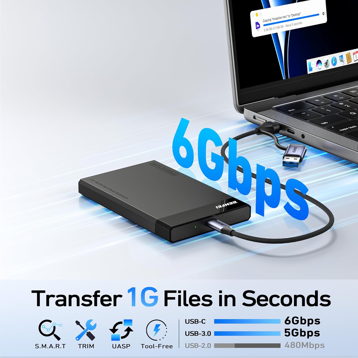 BENFEI 2.5 Inch SATA to USB Tool Free External Hard Drive Enclosure (6Gbps, Optimized for SSD, Support UASP SATA III) - Image 2