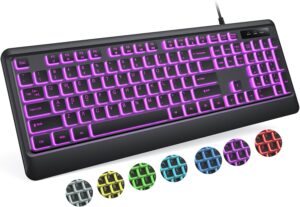 Backlit Computer Keyboards, Wired USB LED Keyboard with 7 Colors Backlight, Plug and Play, Waterproof, Full Size Quiet Computer Keyboard for Windows Desktop, PC, Laptop, Gaming