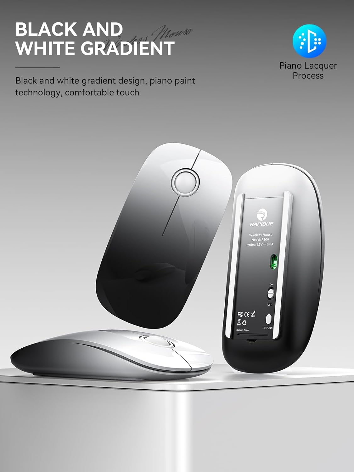 Bluetooth Wireless Mouse - (BT5.1+USB) Dual Connectivity, Quiet Click, Low Power, and 1600 DPI, Portable Cordless Mouse for Laptop, MacBook Pro/Air, iPad (White to Black) - Image 2