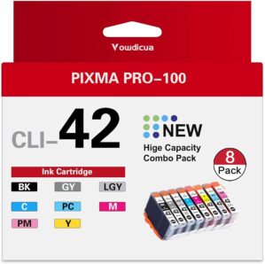 CLI-42 Ink Cartridges 8-Pack High Capacity Compatible CLI 42 Ink Cartridges Replacement for Canon PIXMA PRO-100 Printer, (BK/C/M/Y/PM/PC/GY/LGY)