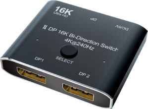CableDeconn DisplayPort 8K DP 1.4 Switch Bi-Direction 8K@30Hz 4K@120Hz Splitter Converter for Multiple Source and displays (dp 16k Switch 2x1)