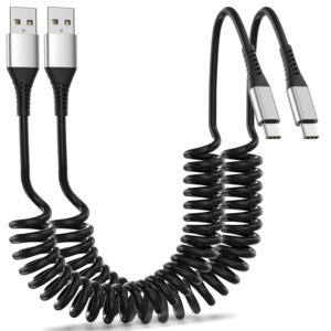 Coiled USB C Cable for Car 2Pack, 3A USB Type C Charger Cable Fast Charging, Retractable USB A to USB C Charge Cord for iPhone 15, Galaxy S23 S22 S21 S20 S10,Note 20 10,A10e A20 A50,Moto G, LG