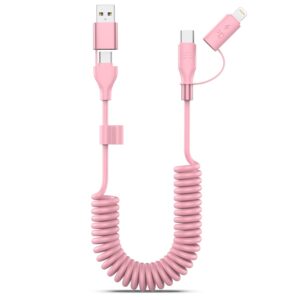 Coiled USB-C and Lightning Cable 2-in-1, 3FT iPhone 15 Car Charger Cord, 60W Fast Charging Cable for iPhone 15, Samsung Galaxy, Google Pixel, Supports Apple CarPlay & Android Auto - Pink