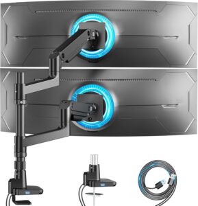 Dual Monitor Arm for Ultrawide Heavy Duty Curved Monitor Stacking, Fits 17-49 Inch, Vertical Gas Spring Double Monitor Mount with USB, Adjustable Dual Monitor Mount for Desk, Black