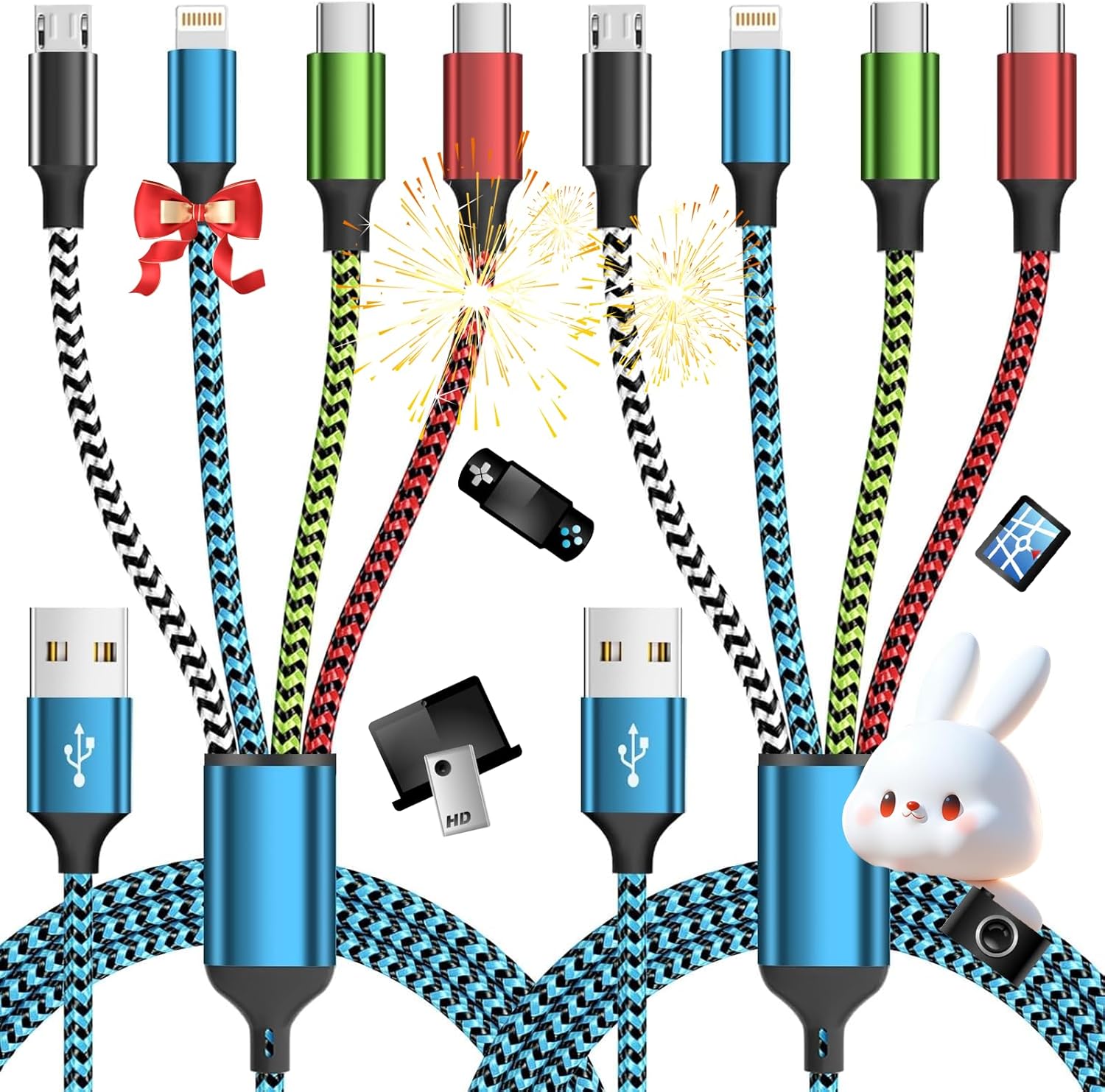 Dual Type-C 4 in 1 Charging Cable, (2 Pack 5FT) Multi Charging Cables for Multiple Devices,Universal Charger Phone Charger Cord with 2 USB-C/IP/Micro USB Port for Cellphone/Tablets/Pads