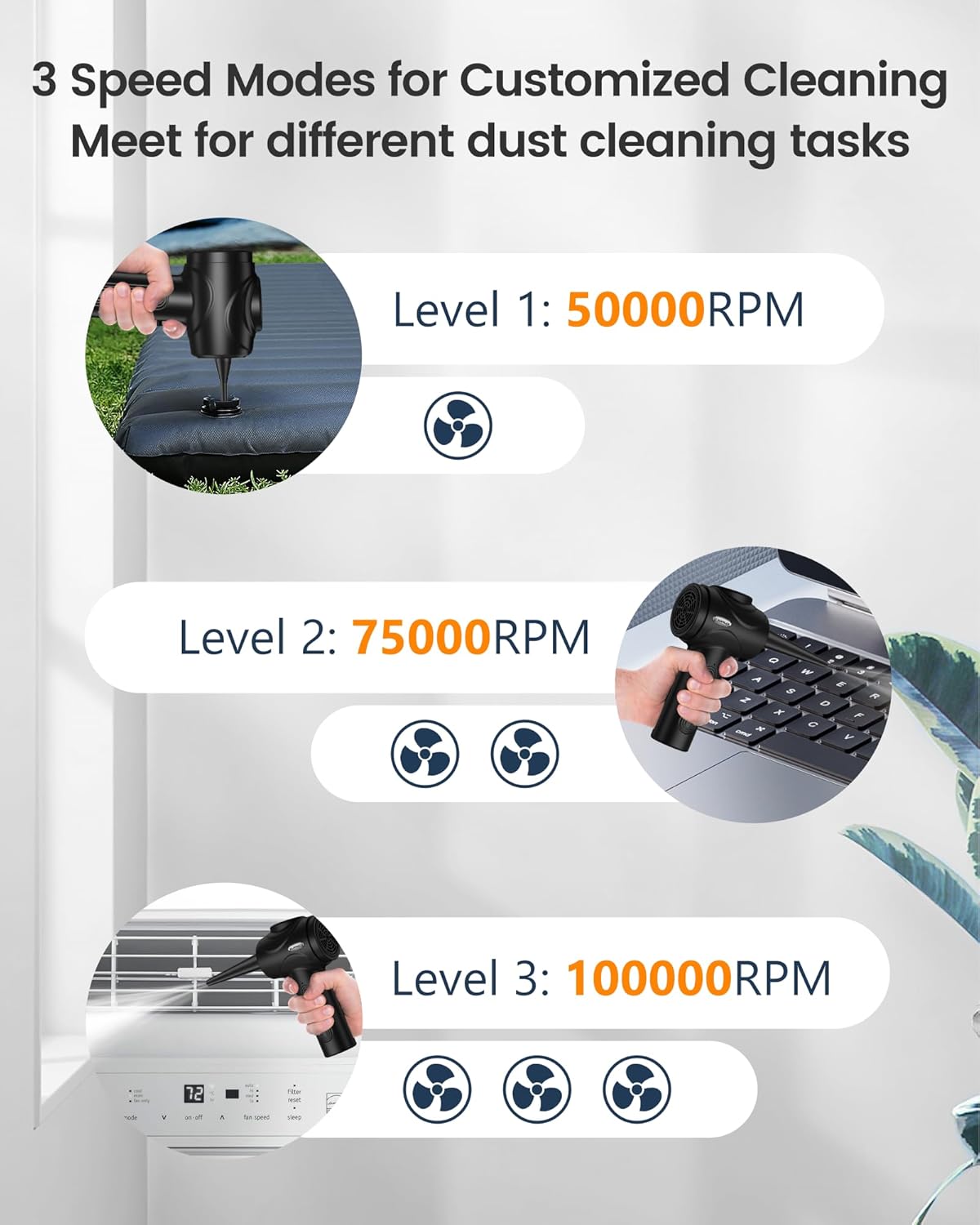 Electric Compressed Air Duster for Computers, 100000RPM Powerful Air Duster for PC/Keyboard/Car/Electronics,3 Power Speeds Air Blower With LED Light, Portable 8000mAh Rechargeable Cordless Dust Blower - Image 2
