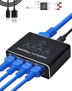 Ethernet Splitter 1 to 4 – Network Splitter with USB Power Cable, RJ45 Internet Splitter Adapter 1000Mbps High Speed for Cat 5/5e/6/7/8 Cable [4 Devices Networked Simultaneously]